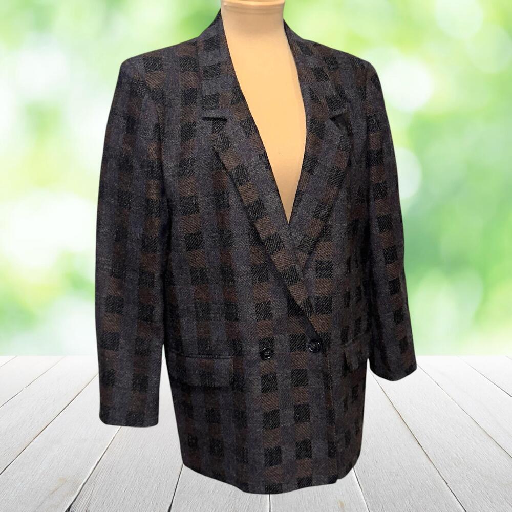 Vintage Longline Wool Blazer Double Breasted Windowpane Eggplant Made USA Sz 14